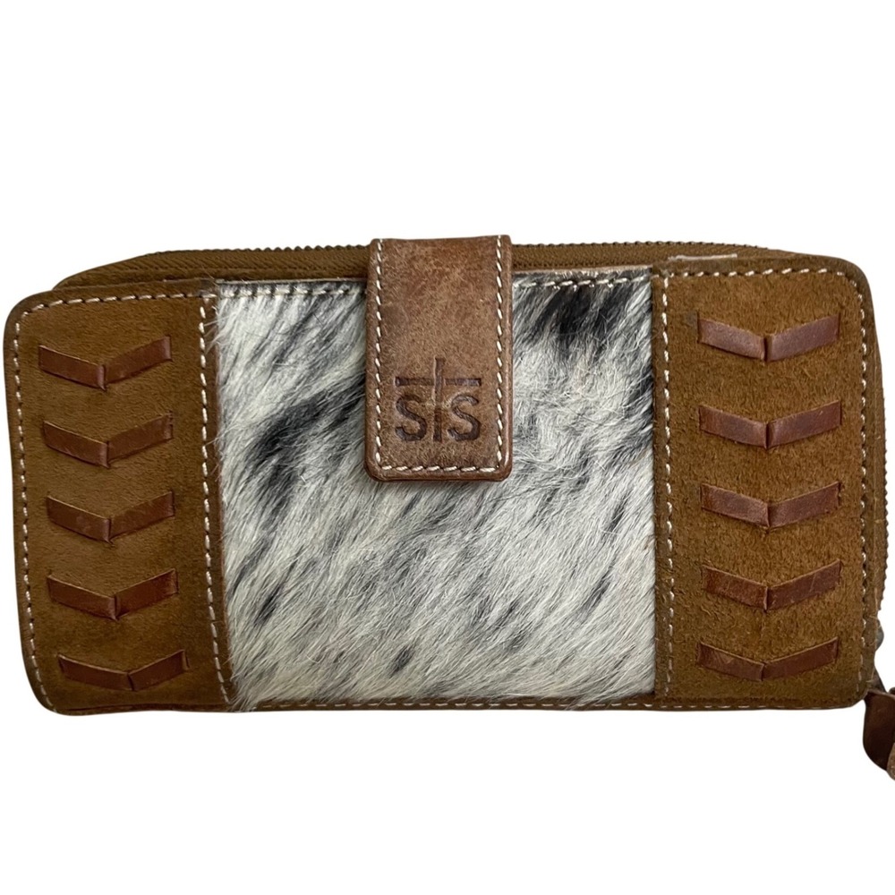 STS Ranchwear Hair on Hide Leather Suede Western Zip Around Wallet Brown 7.5in